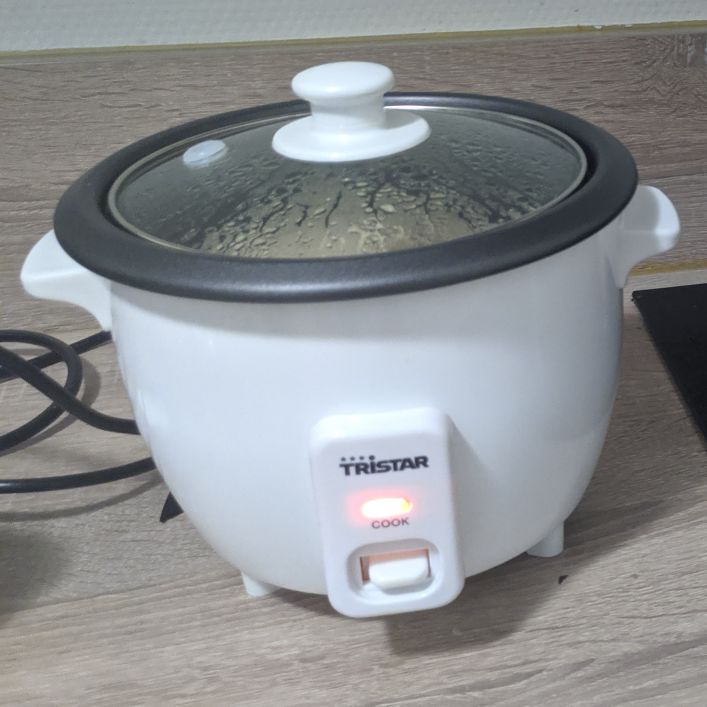 crappy cropped photo of the Tristar RK-6103 rice cooker cooking rice