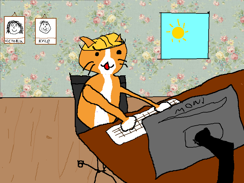 Penelope sitting on a desk chair in front of a desktop computer. The floor is made of wood. In the background, flower wallpaper, a window with the sun shining through, and two portraits hanging of Victoria and Kyle hanging on the wall.
