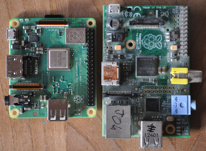 The two raspberry pies next to each other, the model A+ 3 on the left and the dusty original model B on the left. 